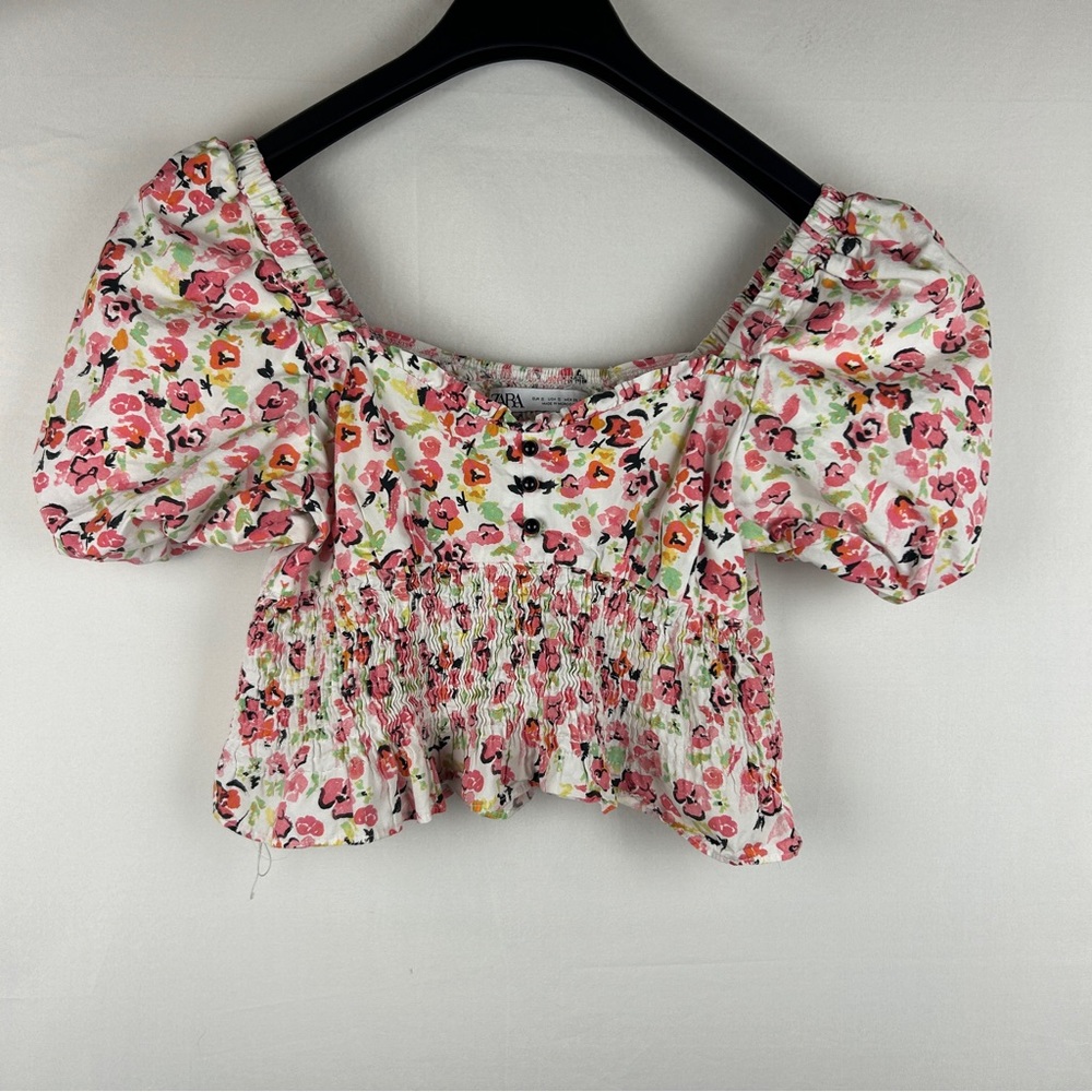 Zara floral cropped top cinched waist ballon sleeve size S